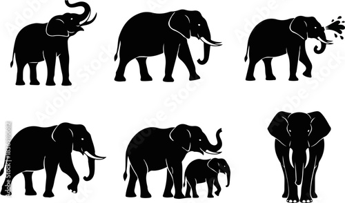 Set of Six Elephant Silhouettes Featuring Adult Elephants and a Calf in Various Poses, Embodying Wildlife and Nature