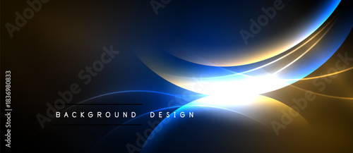 Abstract design features flowing lines, bright light source, dark background. Blue, gold hues create dynamic visual effect.