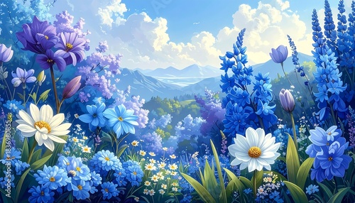 A picturesque field brimming with blue and white flowers set against a backdrop of distant mountains and sunny skies