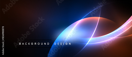 Abstract neon lines create dynamic curves. Dark background emphasizes bright colors, modern design elements present.