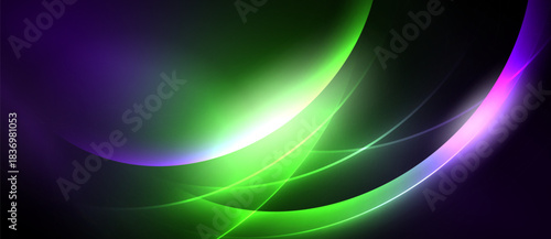 Abstract flowing lines, vibrant colors, purple, green, pink hues. Dynamic composition, smooth gradients, dark background creates contrast.
