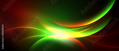 Abstract vibrant waves, flowing forms. Red, green, yellow hues blend, creating dynamic light effect. Smooth gradients dominate composition.