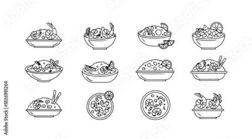 Hand drawn food salad collection various dishes appetizing healthy ingredients sketch style vector