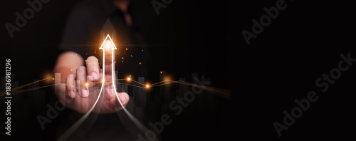A hand slides a glowing arrow up. Growth and success concept for mindset, continuous improvement, innovation, progress, and expanding opportunities across personal, business, and professional fields.