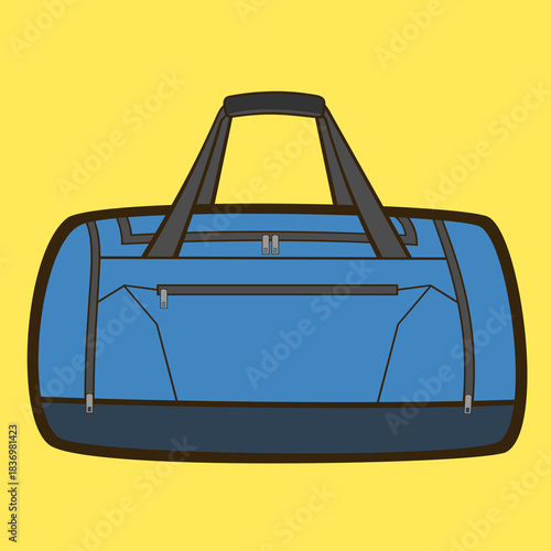 A vector illustration of a duffel bag. The design feature a rounded,rectangular shape with front zippered pocket and sturdy carrying handle.