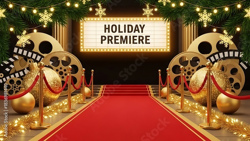 Step onto the red carpet for a festive holiday premiere event, adorned with sparkling lights, green garlands, and golden film reels, creating a grand cinematic experience