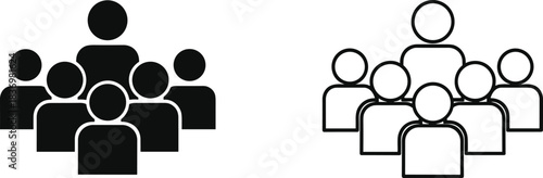 Black Silhouette and Outline Icons of a Group of People or Team, Representing Audience, Networking, Social Media, Business Organization, and Users