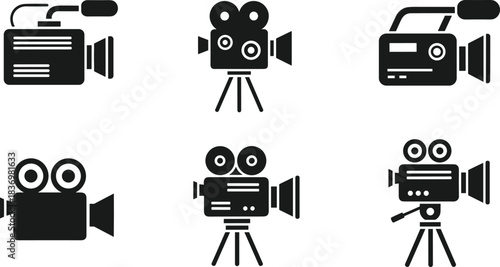 Set of Six Black Video Camera Icons and Camcorder Silhouettes on Tripods, Essential Vector Graphics for Film, Production, Media, Digital Recording, and Technology