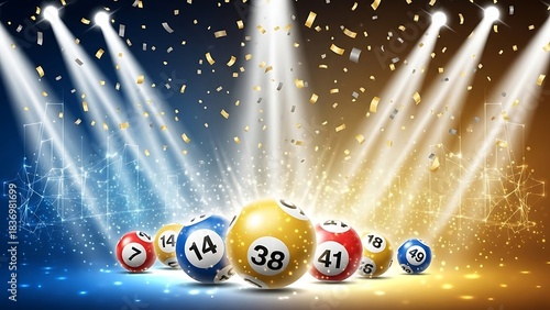 The thrill of the game a lively illustration of lottery balls under spotlights with falling confetti, celebrating luck and chance