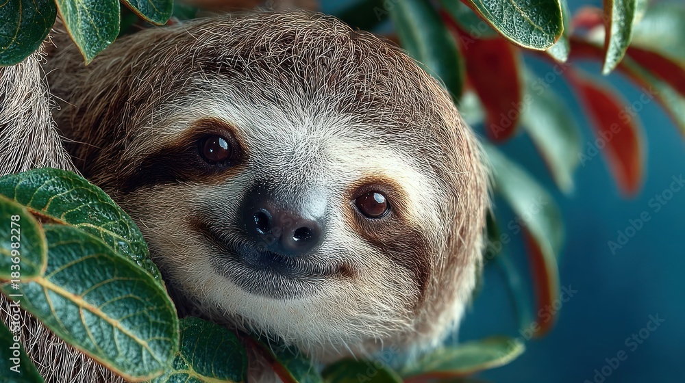 Naklejka premium Close-up of a Sleepy Sloth in a Lush Tropical SettingCategory Animals