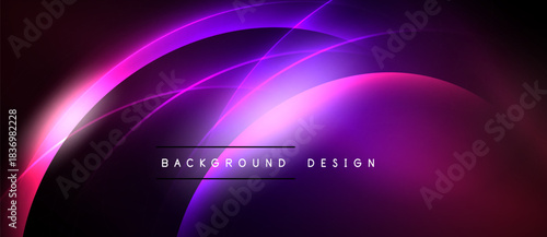 Abstract neon curves create vibrant purple, pink glow. Dark background emphasizes luminous design elements. Modern, dynamic composition.