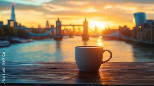 A steaming cup of coffee placed on a wooden table with Tower Bridge and modern London skyline in the background during a golden sunrise, peaceful morning, travel inspiration, lifestyle and relaxation.