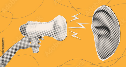 Modern halftone collage megaphone shout out ear,hand holding megaphone
