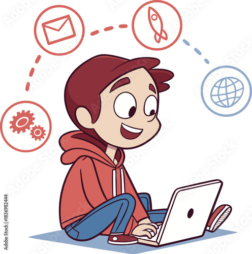Young business man working with his laptop in the office or home. Freelance job. Office desk person concept. Man sitting near computer with graphs and diagrams.