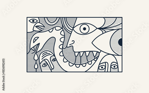 Abstract face vector art, illustration of face stylized artistic style, human abstraction art, surreal and bizarre portrait.