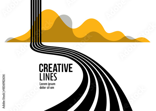 Fototapeta Naklejka Na Ścianę i Meble -  3D black and white lines in perspective with yellow elements abstract vector background, linear perspective illustration op art, road to horizon.