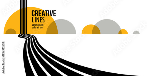 Fototapeta Naklejka Na Ścianę i Meble -  3D black and white lines in perspective with yellow elements abstract vector background, linear perspective illustration op art, road to horizon.