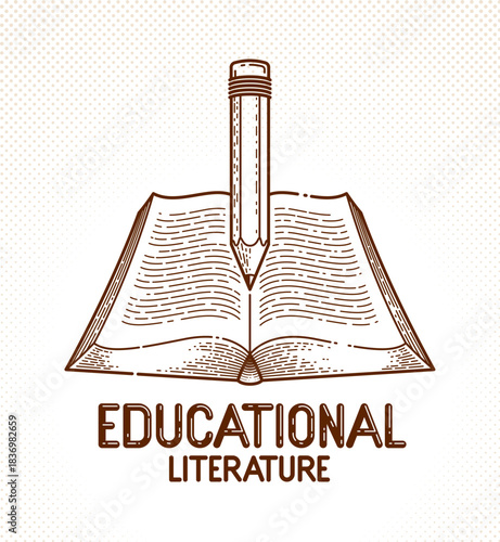 Vintage book and pencil education or science knowledge concept, educational or scientific literature library vector logo or emblem.