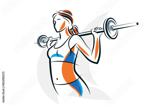 Push the barbell gym and fitness vector illustration of a young attractive woman doing workout exercises with a barbell, perfect muscular athletic body young adult girl sport training.