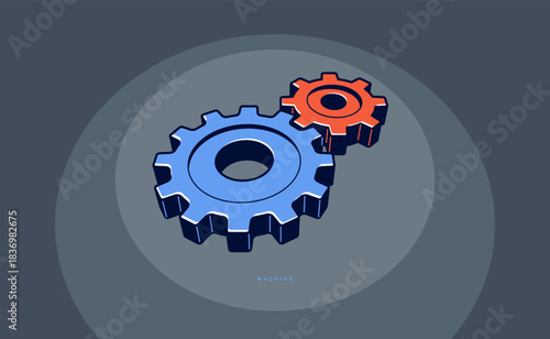 Engineering machine concept poster, gears and cogs vector icon style poster, effective automation.