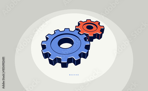 Engineering machine concept poster, gears and cogs vector icon style poster, effective automation.