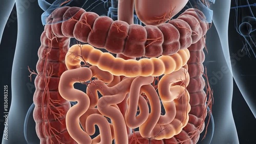 Detailed 3D Medical Illustration of the Human Digestive System, Highlighting the Intestines and Gastrointestinal Tract for Anatomical Study and Medical Education
