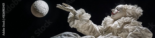Pierrot reaches for the moon in bright light against a black background.