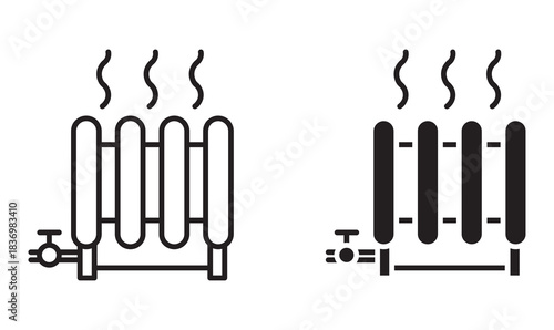 Radiator Heater Icon Set in Outline and Silhouette Style, Representing Home Heating, Warmth, and Temperature Control, Vector Illustration