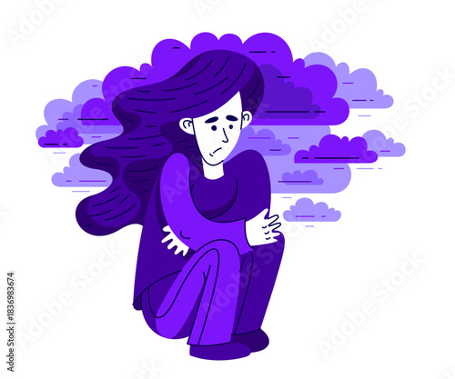 Young woman having a psychological problem of stress or anxiety, vector illustration of stressed girl having mental disorder or tired, headache flat style drawing.