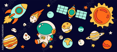 Space rocket, comet and planet with astronaut and spaceship for science or education. Galaxy cute hand drawn icon set with sun, moon and satellite. Vector illustration perfect for kids design.