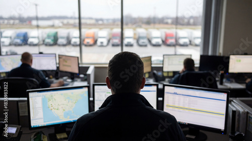 Logistics dispatch control center with operators monitoring fleet tracking systems on multiple screens overlooking truck parking yard