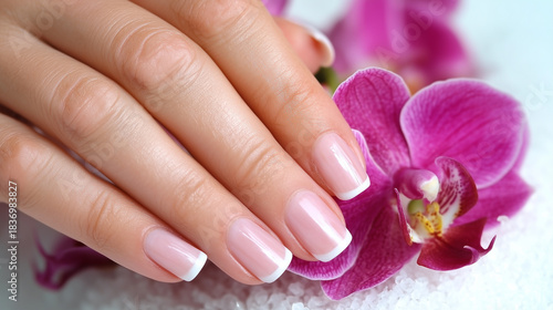 french manicure with orchid flowers.
