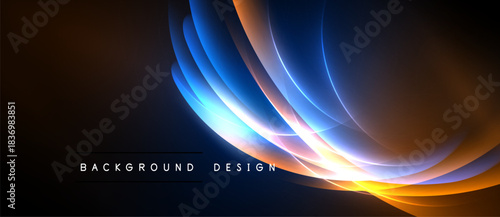 Abstract design features flowing lines, vibrant colors. Dark background emphasizes luminous curves, creating dynamic visual effect.