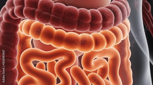 Vivid 3D rendering illustrating the complex human digestive system, highlighting the detailed anatomy of both large and small intestines for health and medical education