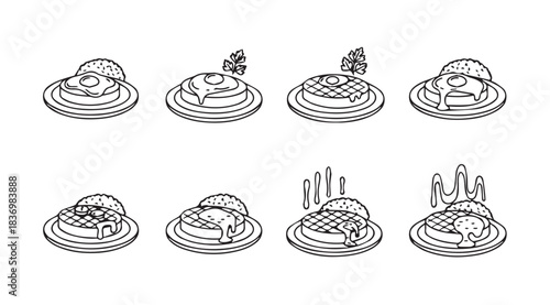 Hand drawn waffle desserts collection delicious sweet breakfast pastries and toppings sketch style vector