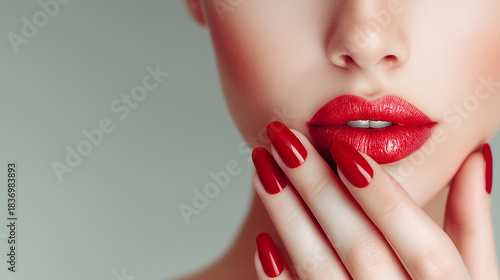 Beautiful girl with a classic make up and red nails. Manicure design. Beauty face.