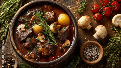 Buckwheat porridge with pieces of meat and mushrooms on a dark wooden background. Top view.