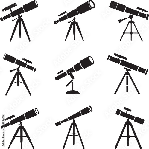 Collection of telescope icons for astronomical observation and scientific exploration