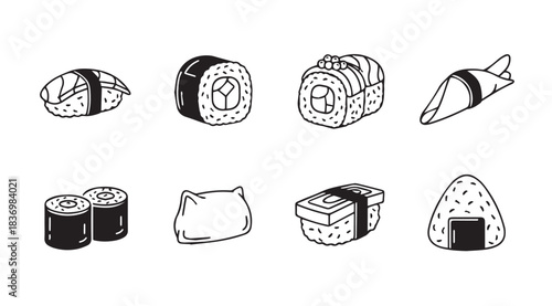 Hand drawn sushi assortment featuring nigiri maki onigiri and sashimi sketch vector