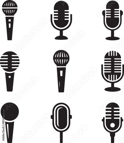 Collection of various microphone vector icons representing voice and audio recording