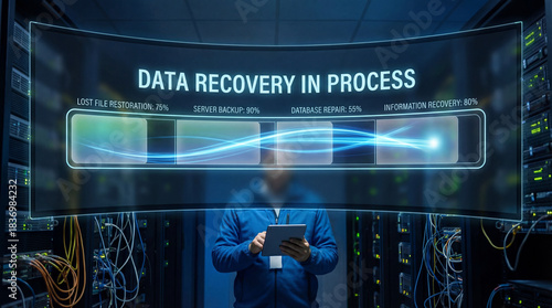 Data recovery in process display showing server backup database repair and file restoration percentages in technology center control room