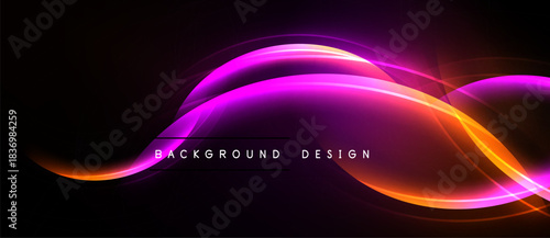Abstract flowing lines, vibrant purple, orange hues. Dark background creates dramatic visual effect. Modern design element.