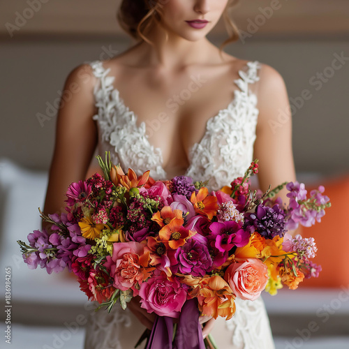 The bride, dressed in a white wedding gown, holds a bouquet of flowers.