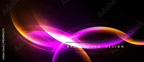 Abstract dynamic waves, vibrant purple, orange glow. Modern design element, dark background creates dramatic effect. Smooth curves suggest movement.