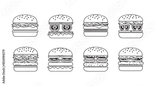 Collection of detailed hand drawn burger icons representing various toppings and styles vector