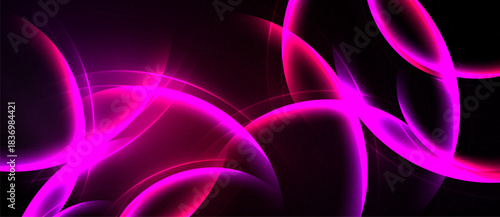 Abstract pink neon shapes overlap black background. Dynamic curves create vibrant, modern visual effect. Smooth gradients enhance luminosity.