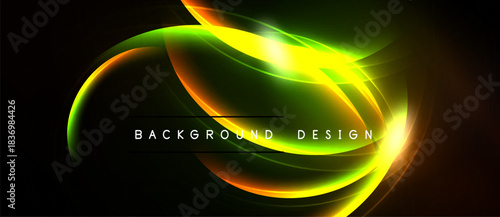 Abstract neon lights form curved shapes. Vibrant colors blend, creating dynamic background design. Dark space emphasizes luminosity.