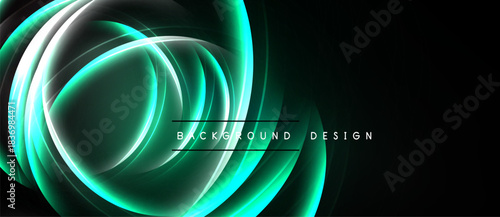 Abstract glowing lines create dynamic, layered effect. Dark background emphasizes vibrant turquoise, silver curves. Modern design element.