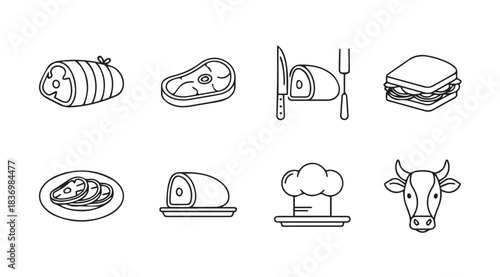 Set of hand-drawn food icons featuring meats and culinary symbols for gastronomy and cooking vector