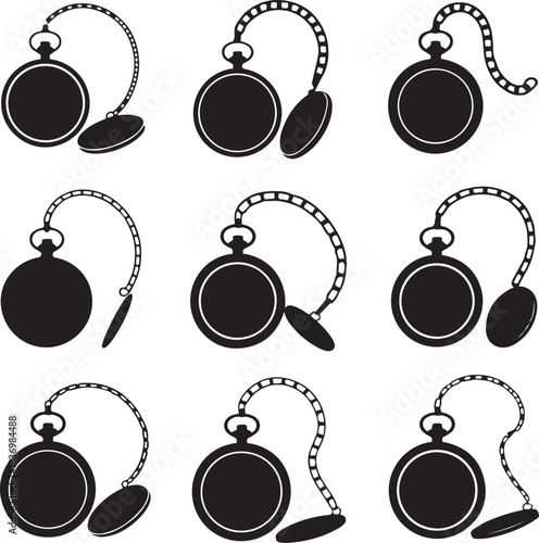 Collection of vintage pocket watches icons black silhouette style vector illustration